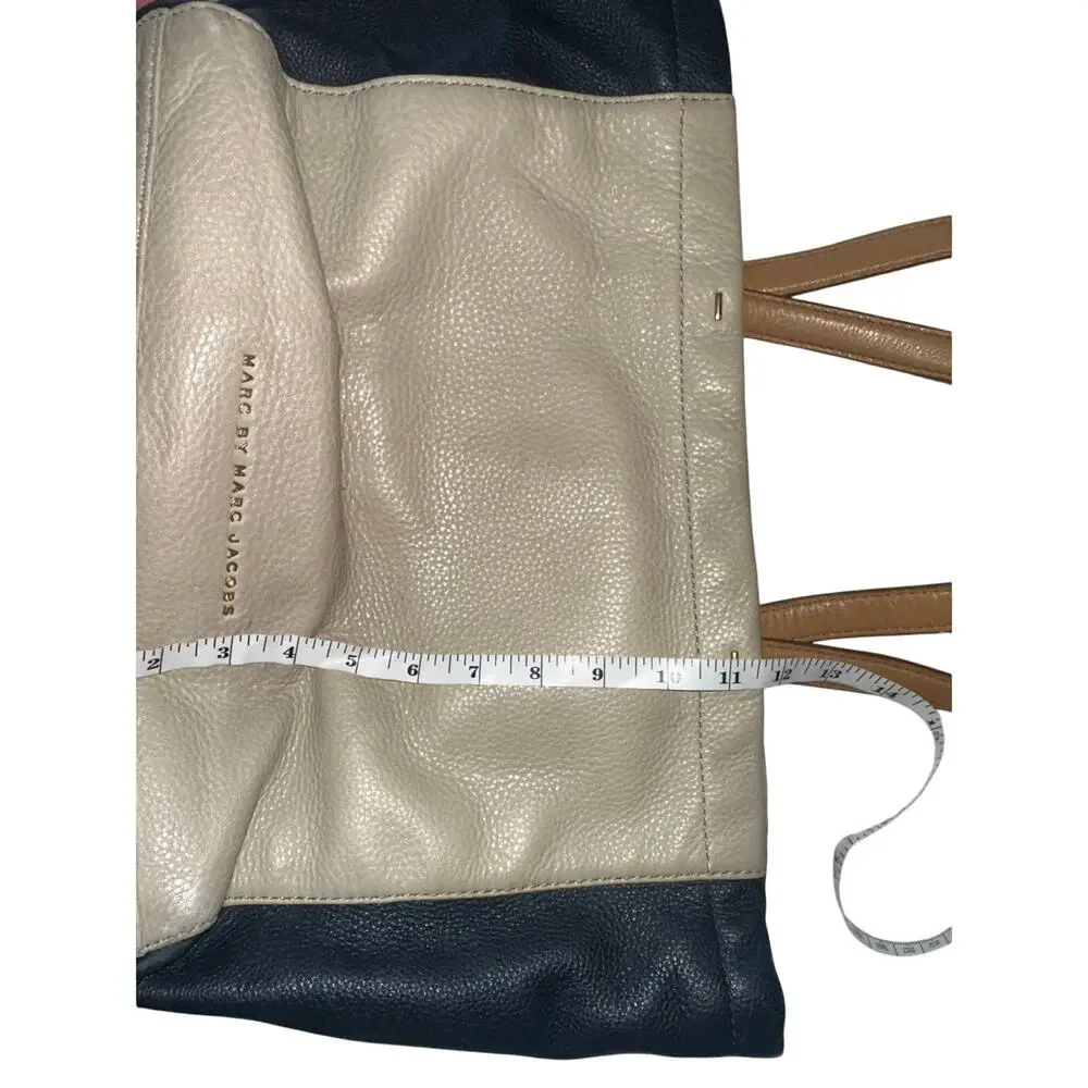 Marc by Marc Jacobs Leather Colorblock Tote Bag Cream Navy Tan Large Shoulder